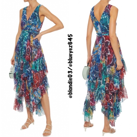 Alice + Olivia Llia asymmetric ruffled tie-dyed georgette midi dress 0 - Picture 2 of 5